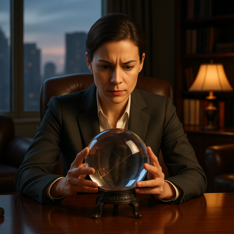 A businesswoman in an office gazes at a crystal ball.