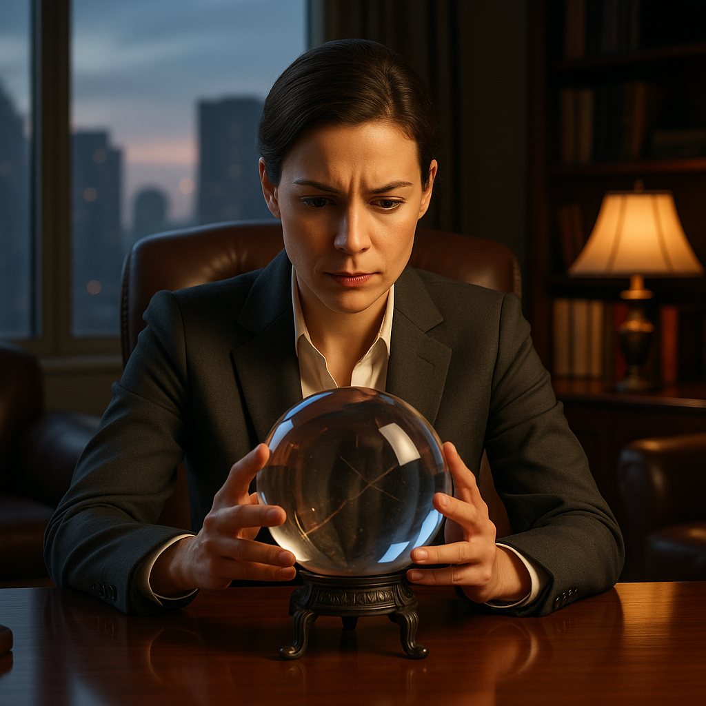 A businesswoman in an office gazes at a crystal ball.