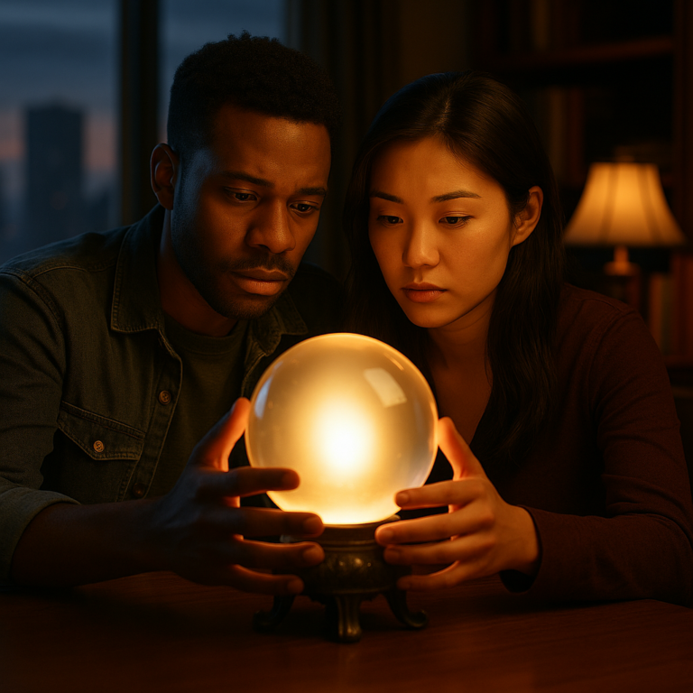 A couple gazes at a glowing crystal ball on a table.