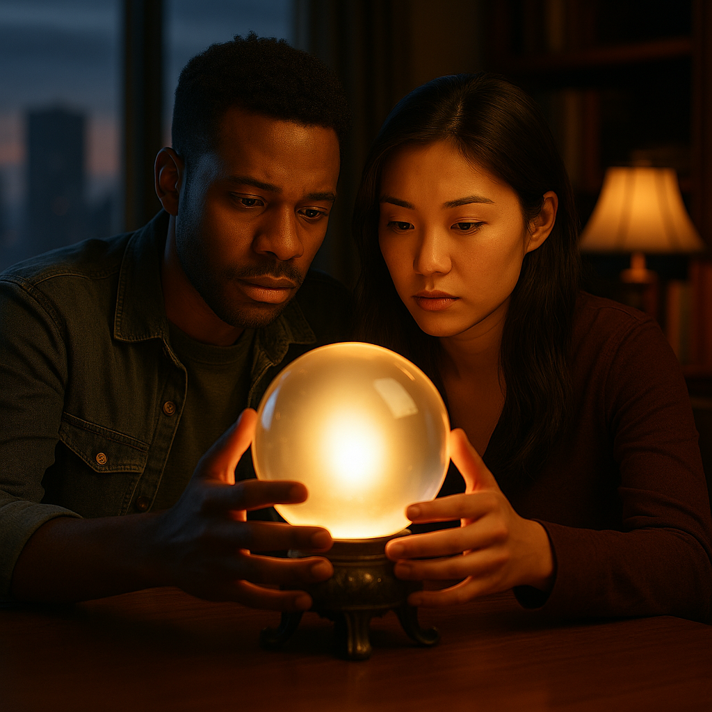 A couple gazes at a glowing crystal ball on a table.