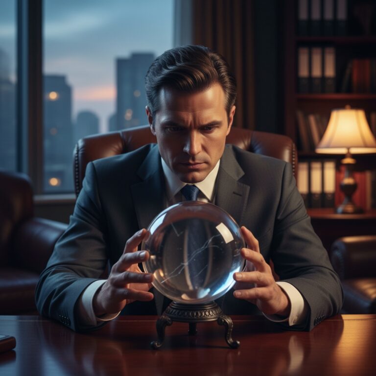 A businessman in a suit gazes into a crystal ball on his desk, as if forecasting the housing market.
